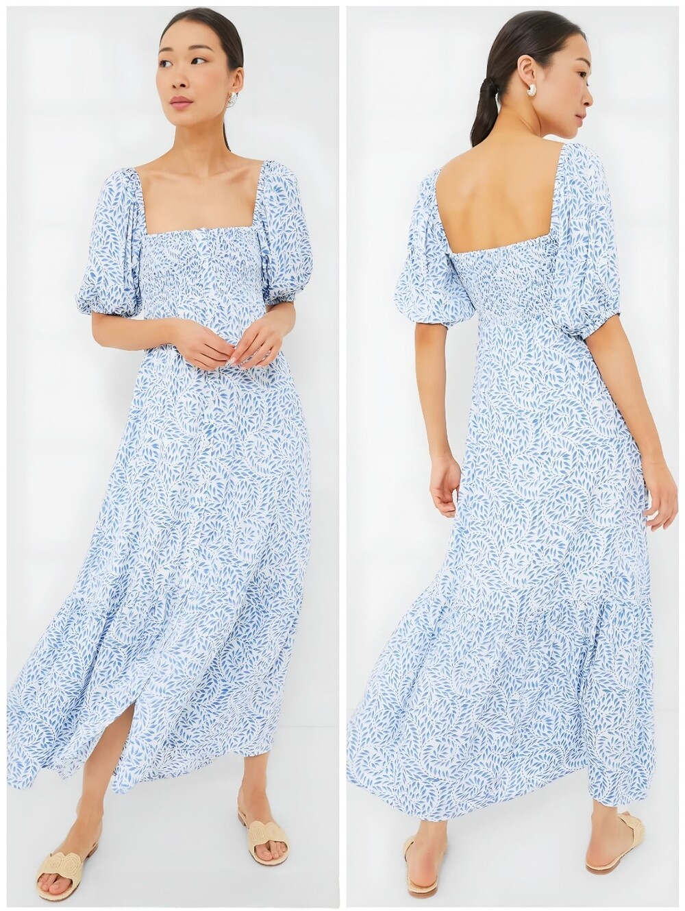 India Collection Emerson Fry Santiago 3 Smocked Boho Blue White Dress, XS/S - Picture 3 of 14